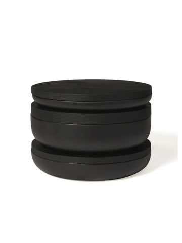 Black ceramic storage containers with natural oak lids designed by Vincent Van Duysen.