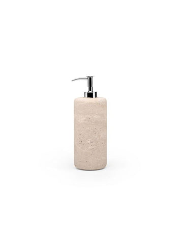 Minimalist limestone soap dispenser with stainless steel pump designed by Vincent Van Duysen, photographed against a white background.