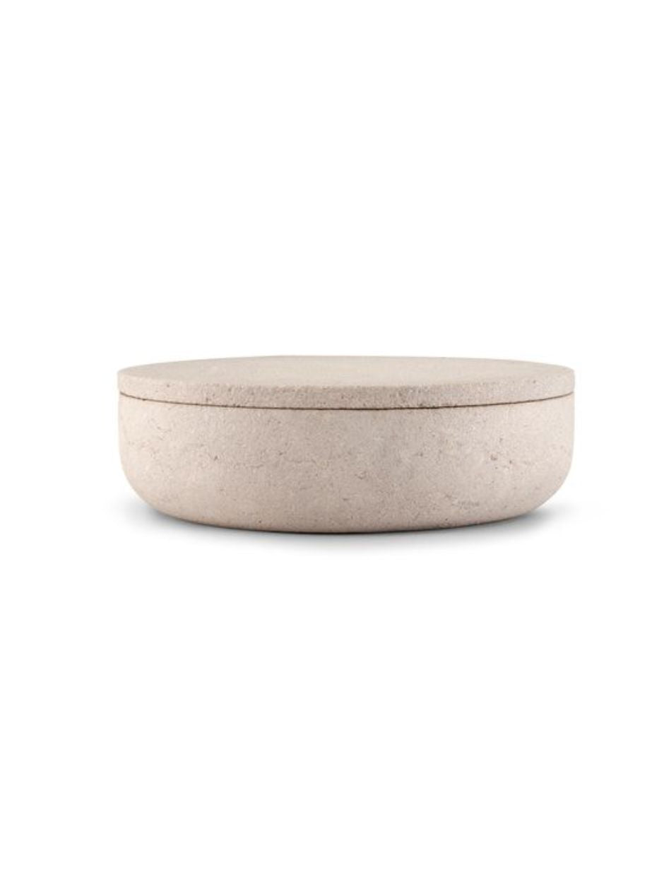 "Handcrafted 30 cm stone pottery bowl with lid in natural sandstone, designed by Vincent Van Duysen for timeless elegance.
