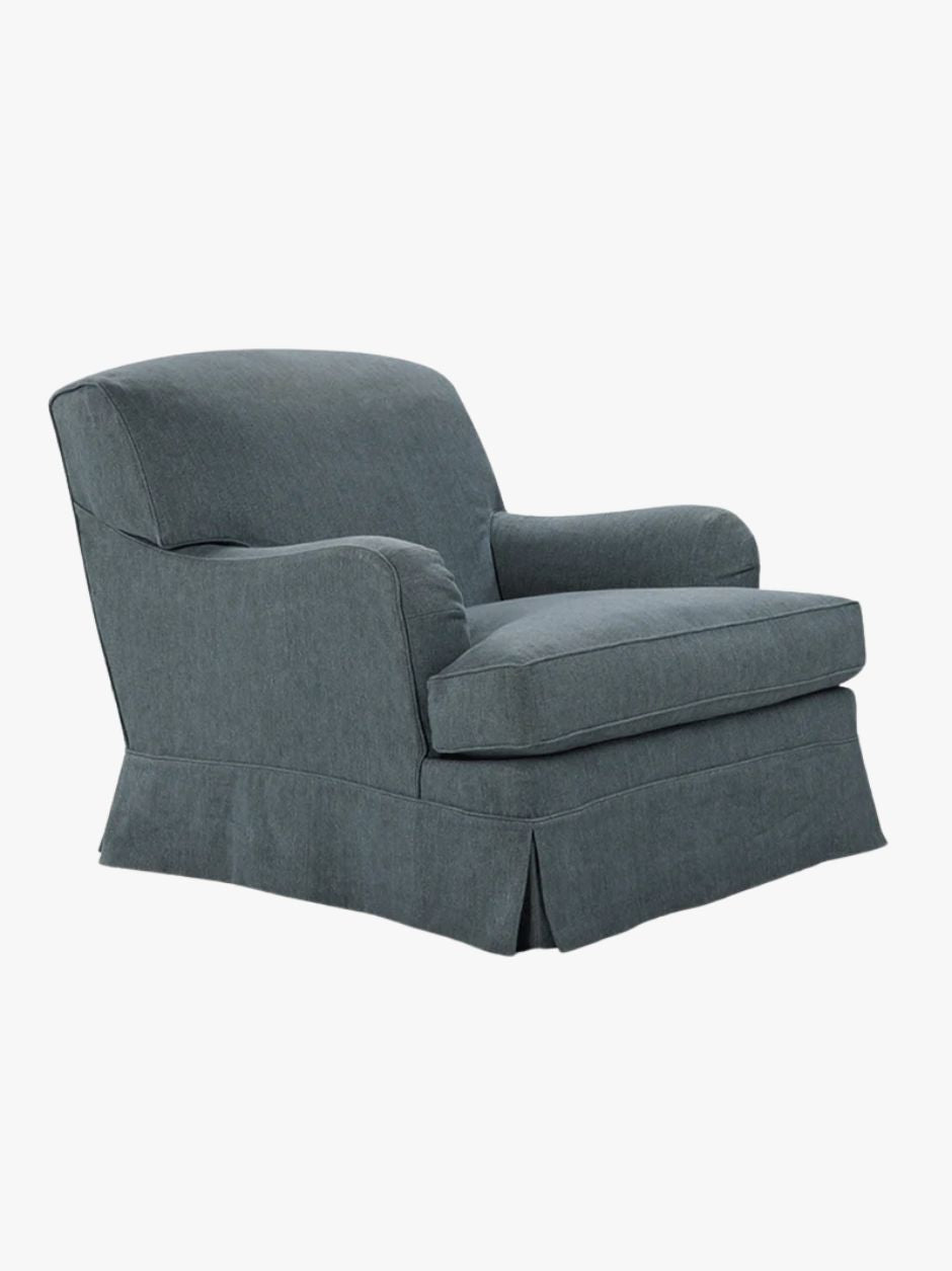 Scott armchair in classic English Howard style with goose down cushions and fabric skirt