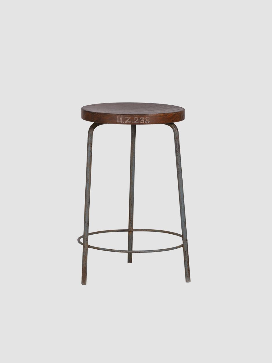 AUTHENTIC PIERRE JEANNERET STOOL IN TEAK AND IRON, ROUND TRIPOD DESIGN, MADE IN CHANDIGARH, CIRCA 1952, MID-CENTURY MODERN COLLECTIBLE