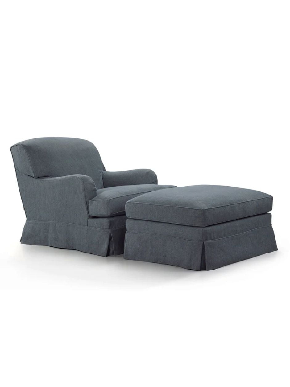 Scott armchair in classic English Howard style with goose down cushions and fabric skirt