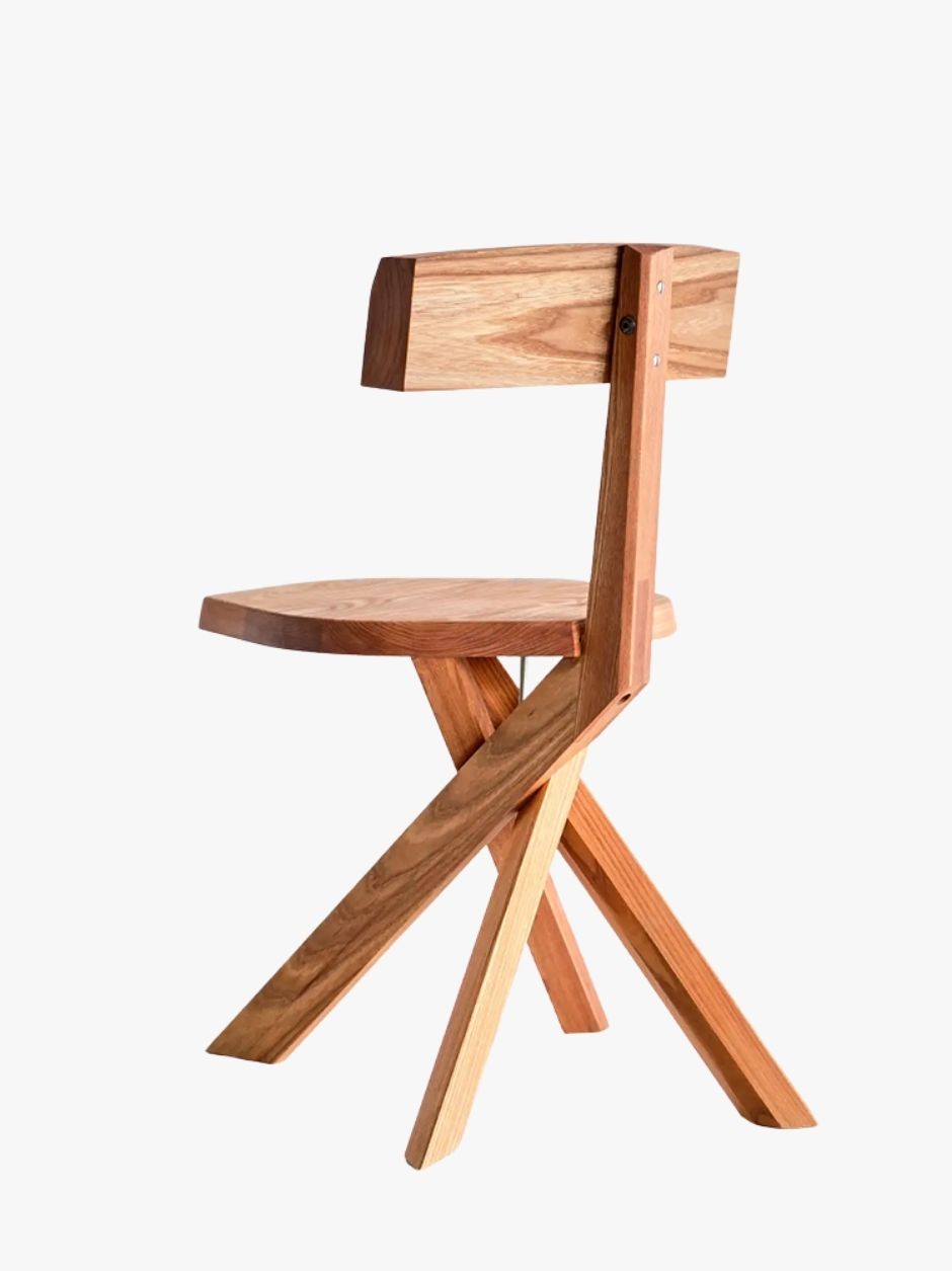 Pierre Chapo S34 dining chair handcrafted in solid French elm by Chapo Créations, back view showing converging leg structure.