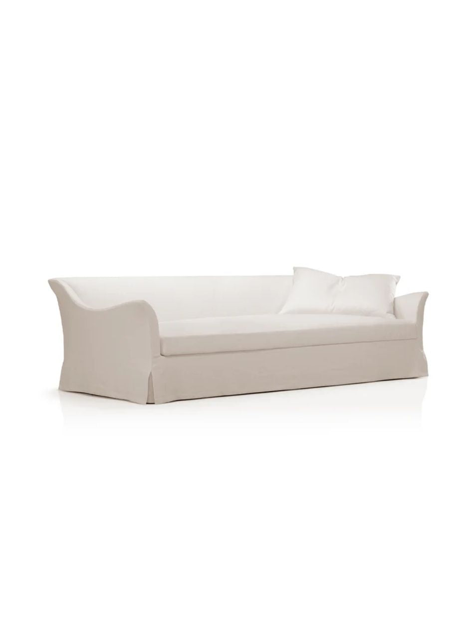 ODEÓN SOFA BY BLASCO, HANDCRAFTED IN SPAIN WITH NARROW ARMS, GOOSE DOWN CUSHIONS, REMOVABLE UPHOLSTERY AND LUXURIOUS SEAT MATTRESS.