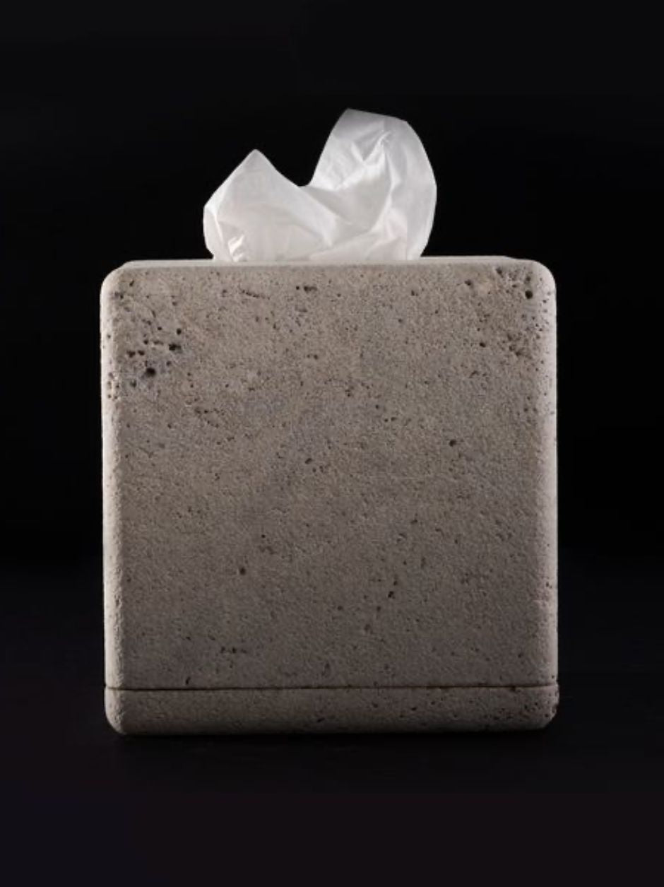 Elegant limestone Kleenex box, contemporary home decor by Vincent Van Duysen.