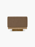 Vincent Van Duysen Rudolph one-seat outdoor lounge chair in beige oak and camel upholstery, showcasing minimalist mid-century modern design.