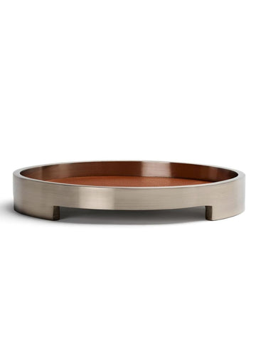 Nickel-finished metal and leather bowl by Hugues de Blignières for When Objects Work