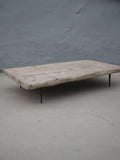 19th century Chinese poplar coffee table with thick solid wood top and minimalist metal legs, rustic antique design for modern interiors.