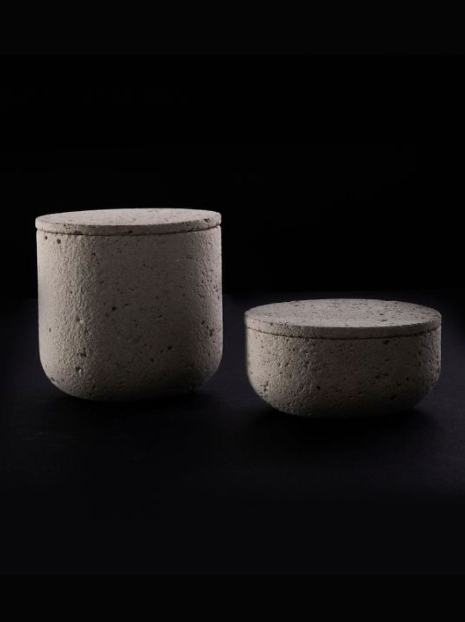 Minimalist beige limestone bathroom containers in two heights, part of Vincent Van Duysen's designer Bathroom Series collection.
