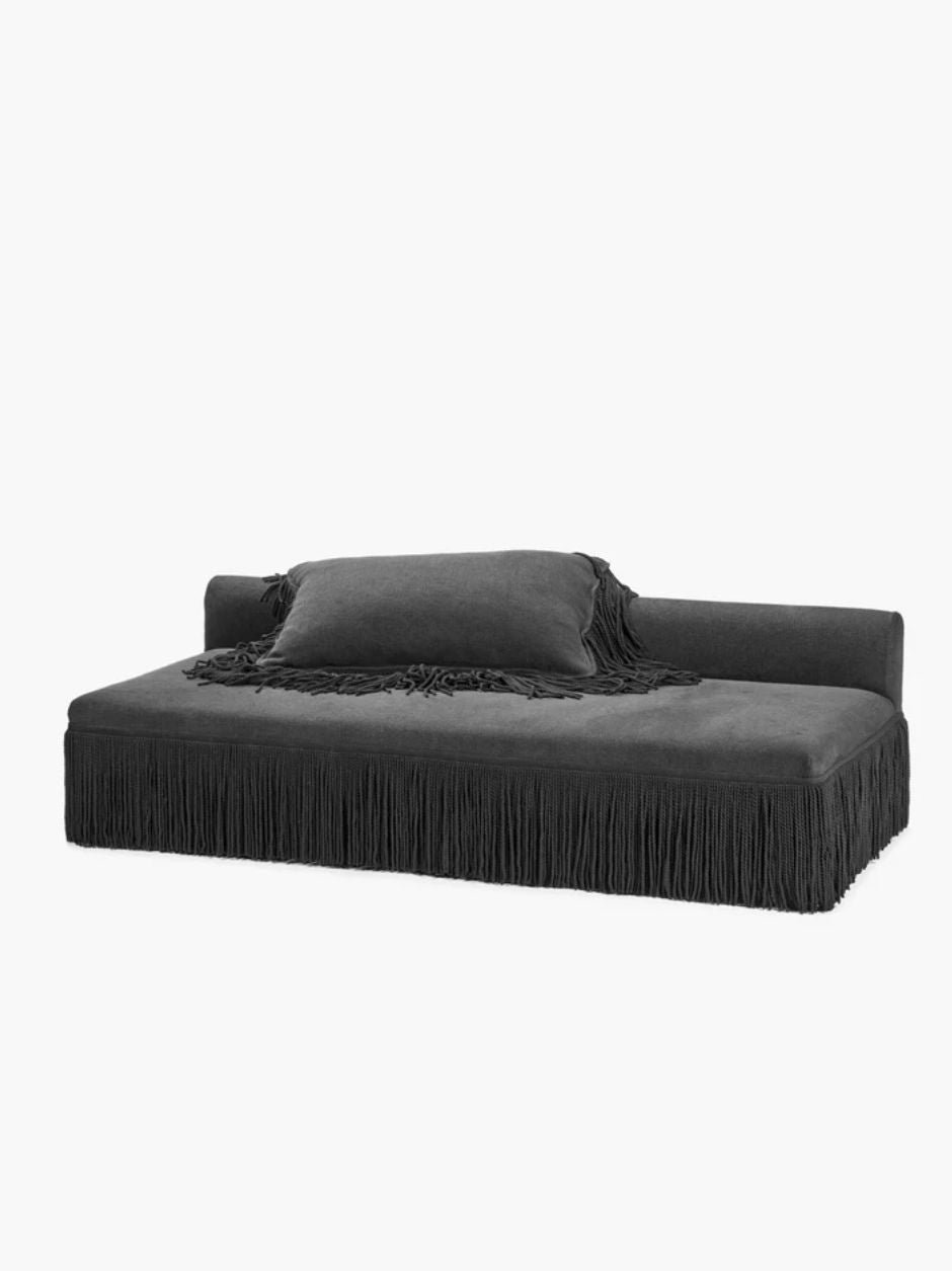 Fringed designer sofa by Ann Demeulemeester, Luxury deep-seated black and white sofa, 
Contemporary fringed statement furniture