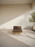 Vincent Van Duysen Rudolph one-seat outdoor lounge chair in beige oak and camel upholstery, showcasing minimalist mid-century modern design.