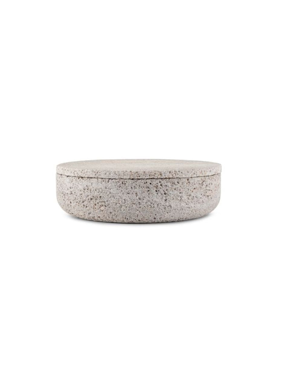 Vincent Van Duysen stone pottery bowl with lid in natural Muschelkalk limestone, 30 cm diameter.