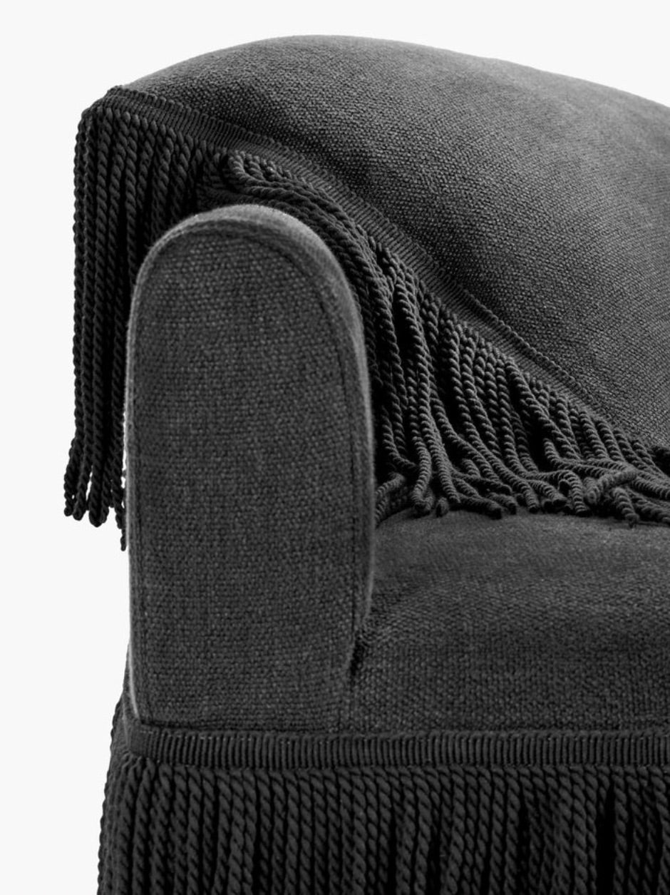 Fringed designer sofa by Ann Demeulemeester, Luxury deep-seated black and white sofa, 
Contemporary fringed statement furniture