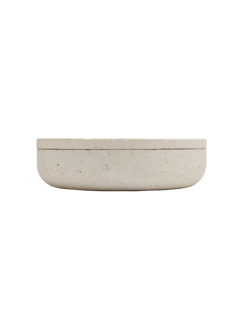 Elegant stone bowl with 2 cm lid, crafted from Chambolle stone by Vincent Van Duysen, showcasing minimalist design.